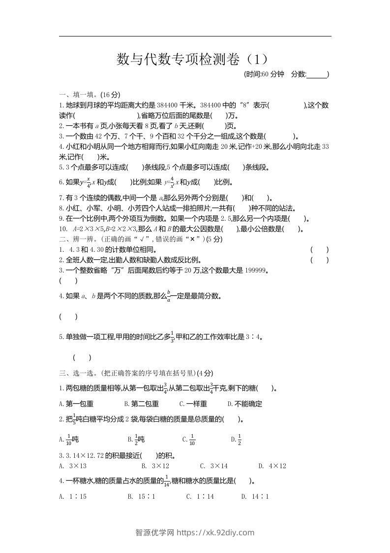 六下青岛63版数学期末数与代数专项检测卷（1）-智源优学网