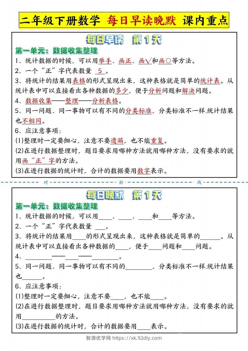 二下人教版数学【每日晨读晚默-重点知识点】-智源优学网