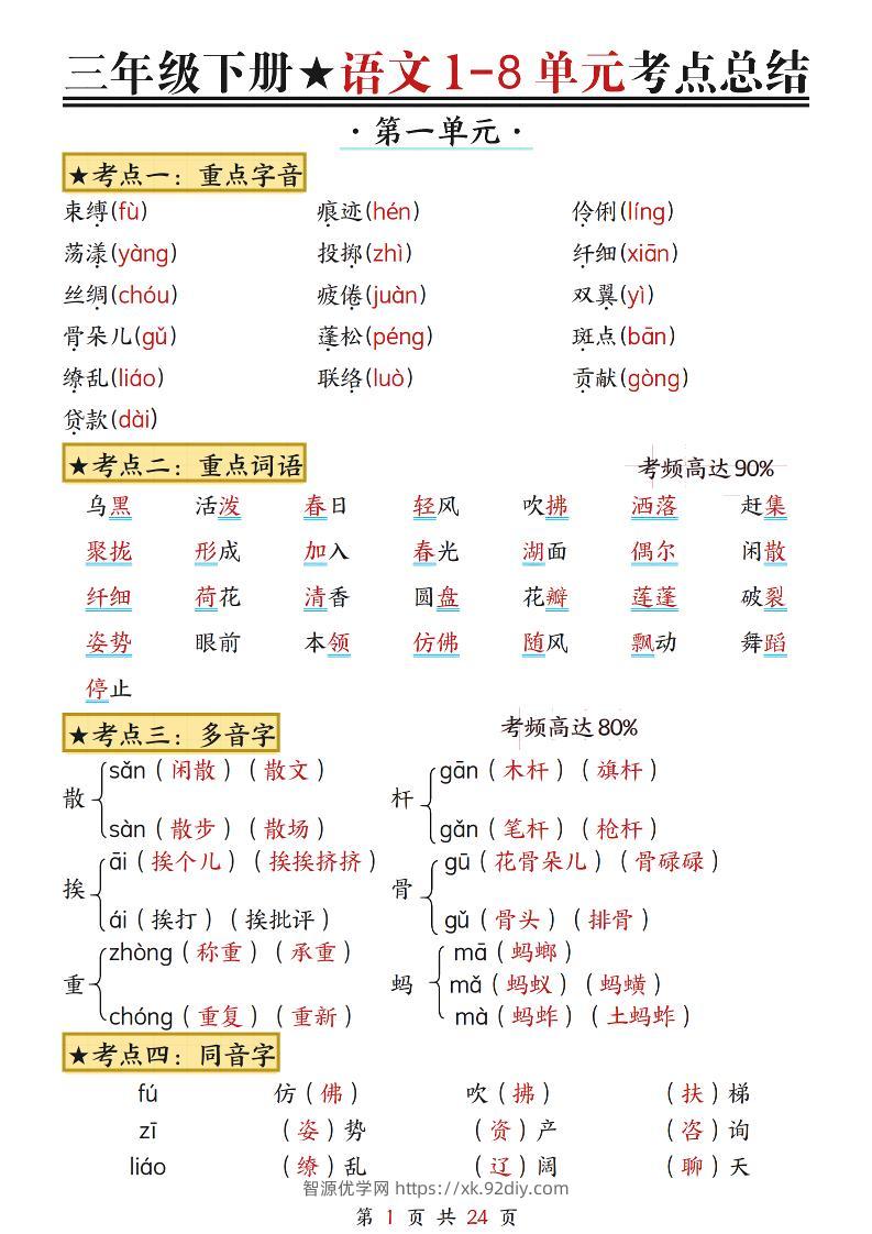 三下语文1-8单元考点总结（24页）-智源优学网