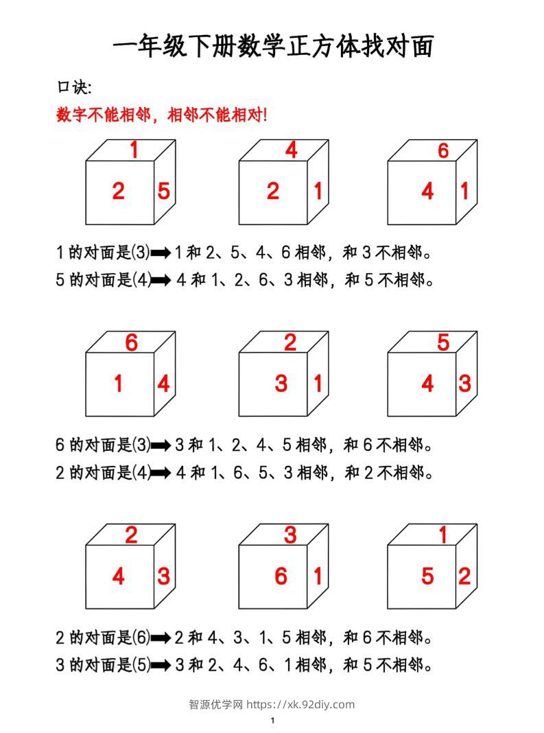 一年级下册数学正方体找对面-智源优学网