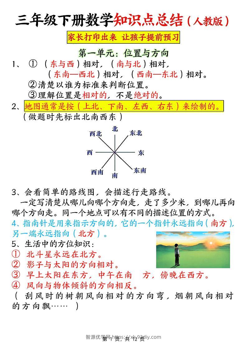 三下数学知识点总结（人教版12页）-智源优学网