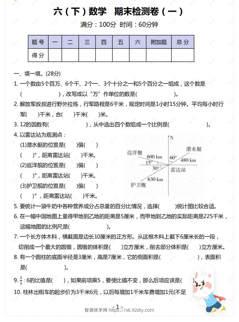 苏教版-六年级下册数学期末检测卷（一）-智源优学网