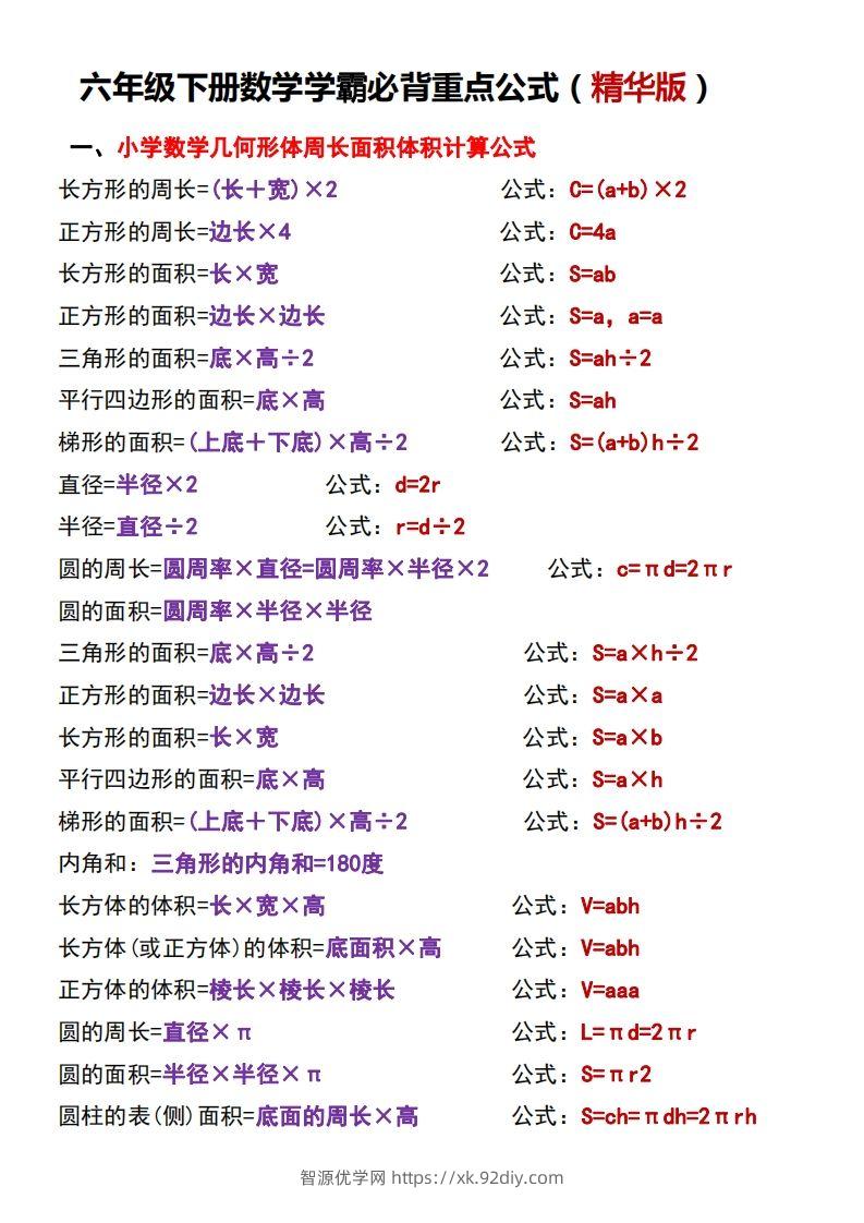 六下数学学霸必背重点公式-智源优学网