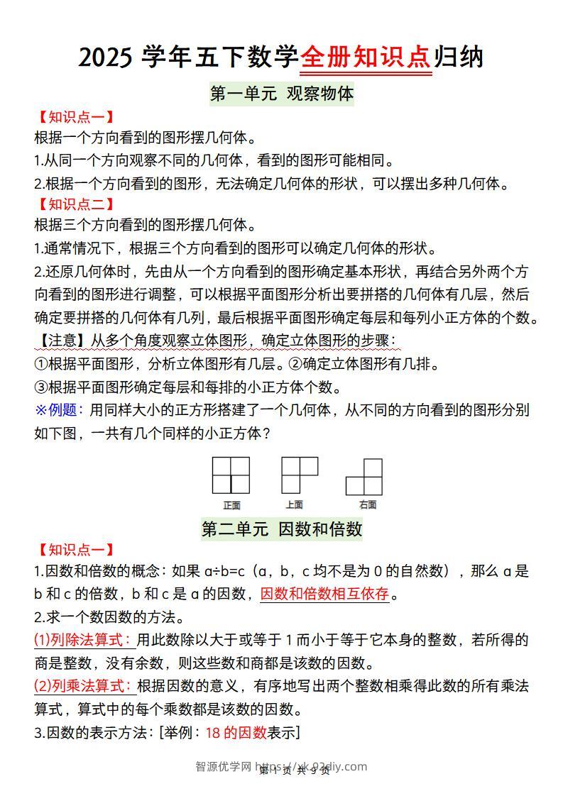 【人教版】2025学年五下数学全册知识点归纳-智源优学网