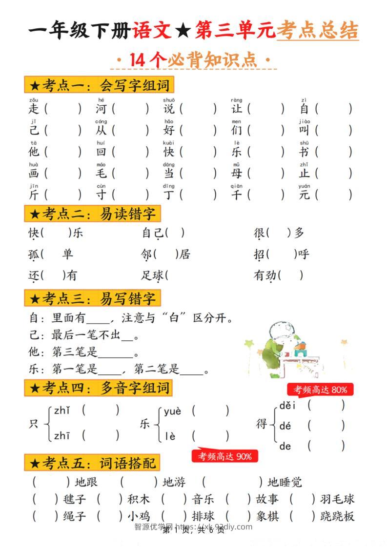 一下语文第三单元考点总结（含练习6页）-智源优学网