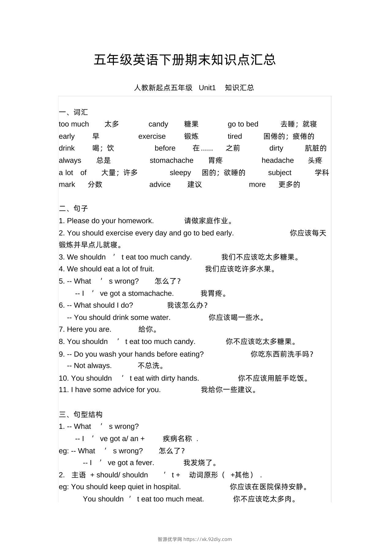 五年级英语下册期末知识清单汇总(人教新起点)-智源优学网