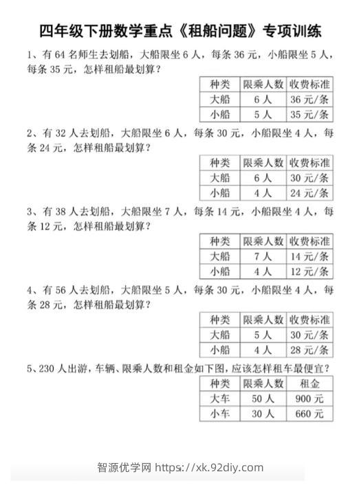 四下数学人教版《租船问题》专项训练-智源优学网