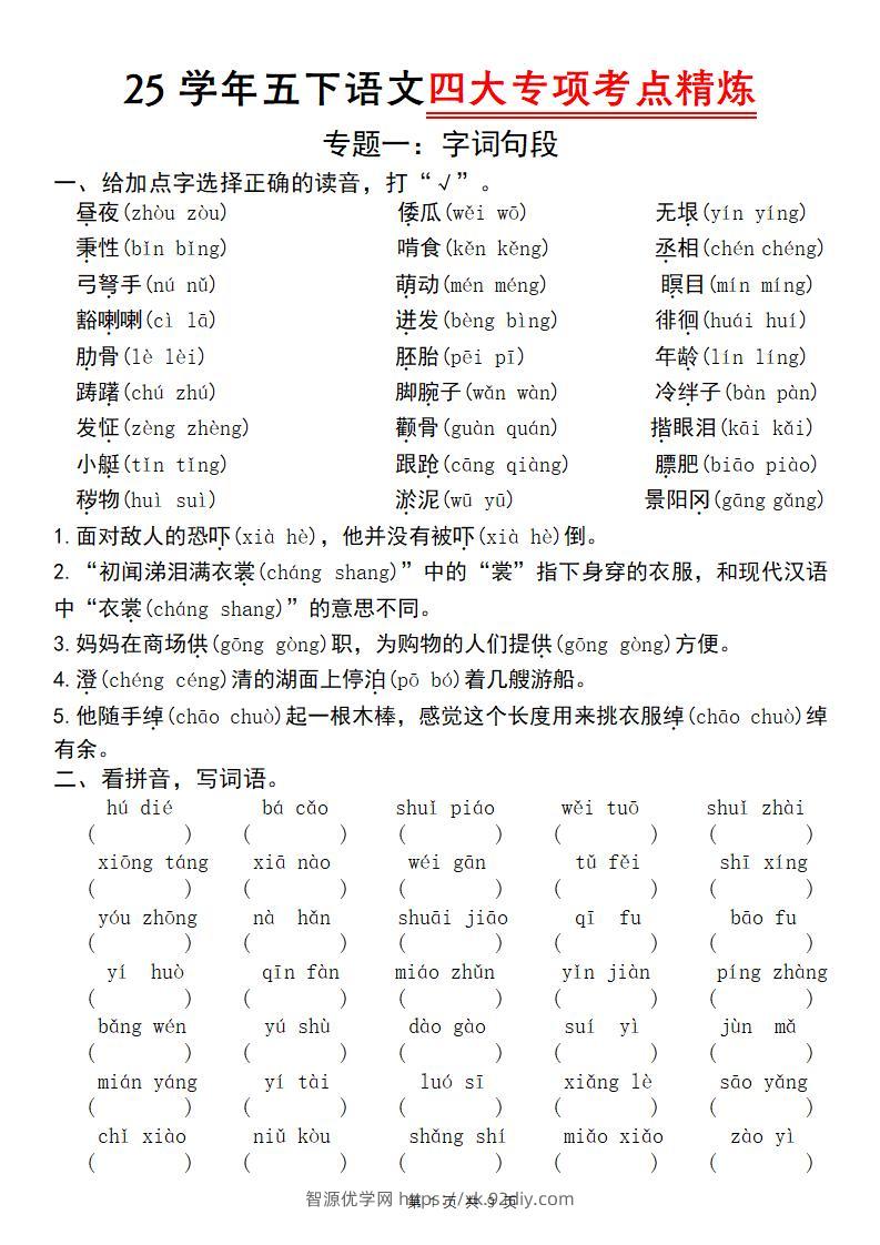 25学年五下语文四大专项考点精炼（专题一：字词句段）-智源优学网
