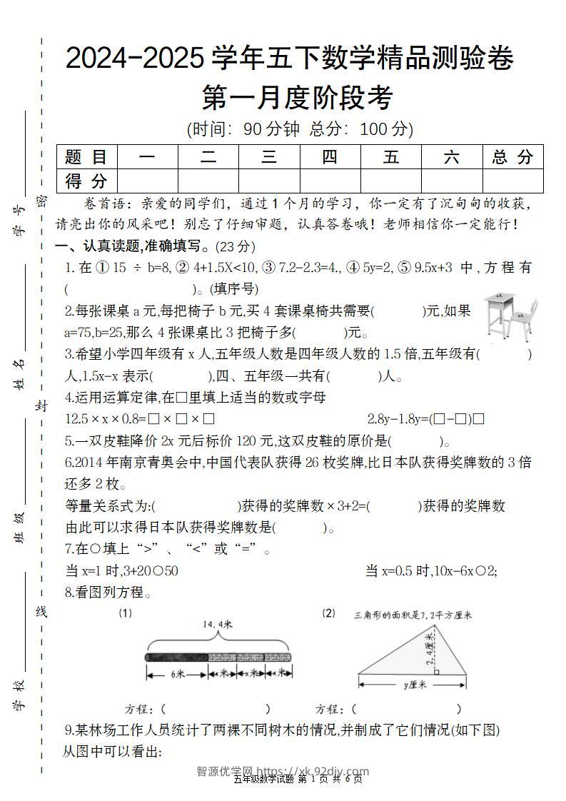 【苏教版】2024-2025学年五下数学第一月度阶段考精品测验卷-智源优学网