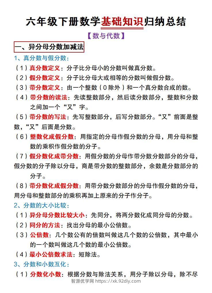 【冀教版】六年级下册数学基础知识归纳总结-智源优学网