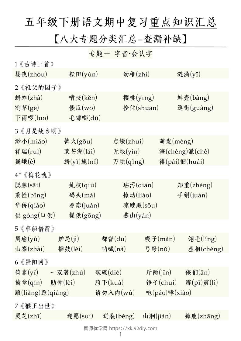五下语文期中复习八大专题-智源优学网
