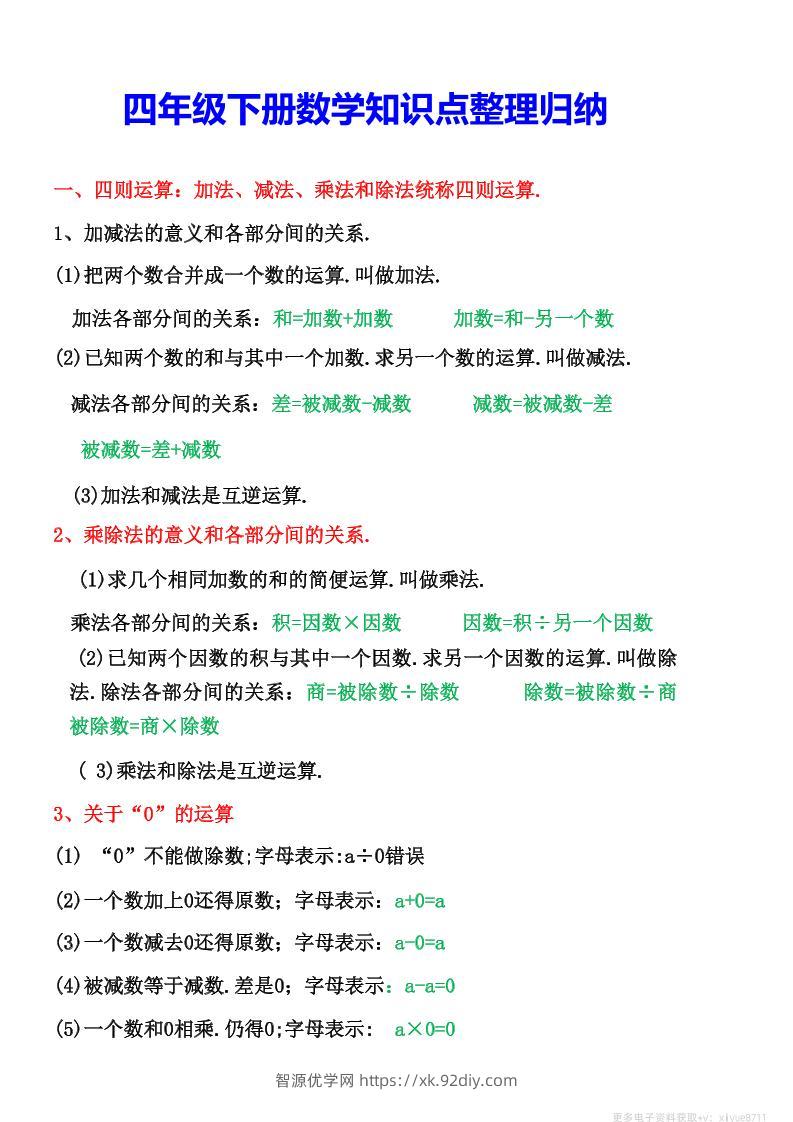 四年级下数学知识点整理归纳-智源优学网