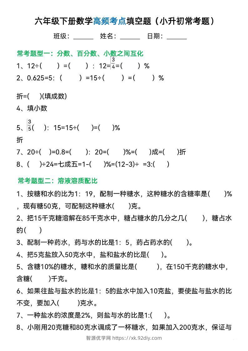 六年级下册数学高频考点填空题（小升初常考题）-智源优学网