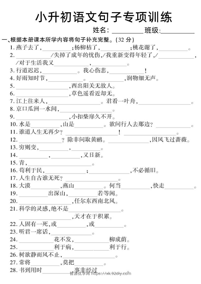 六下小升初语文句子专项训练-智源优学网