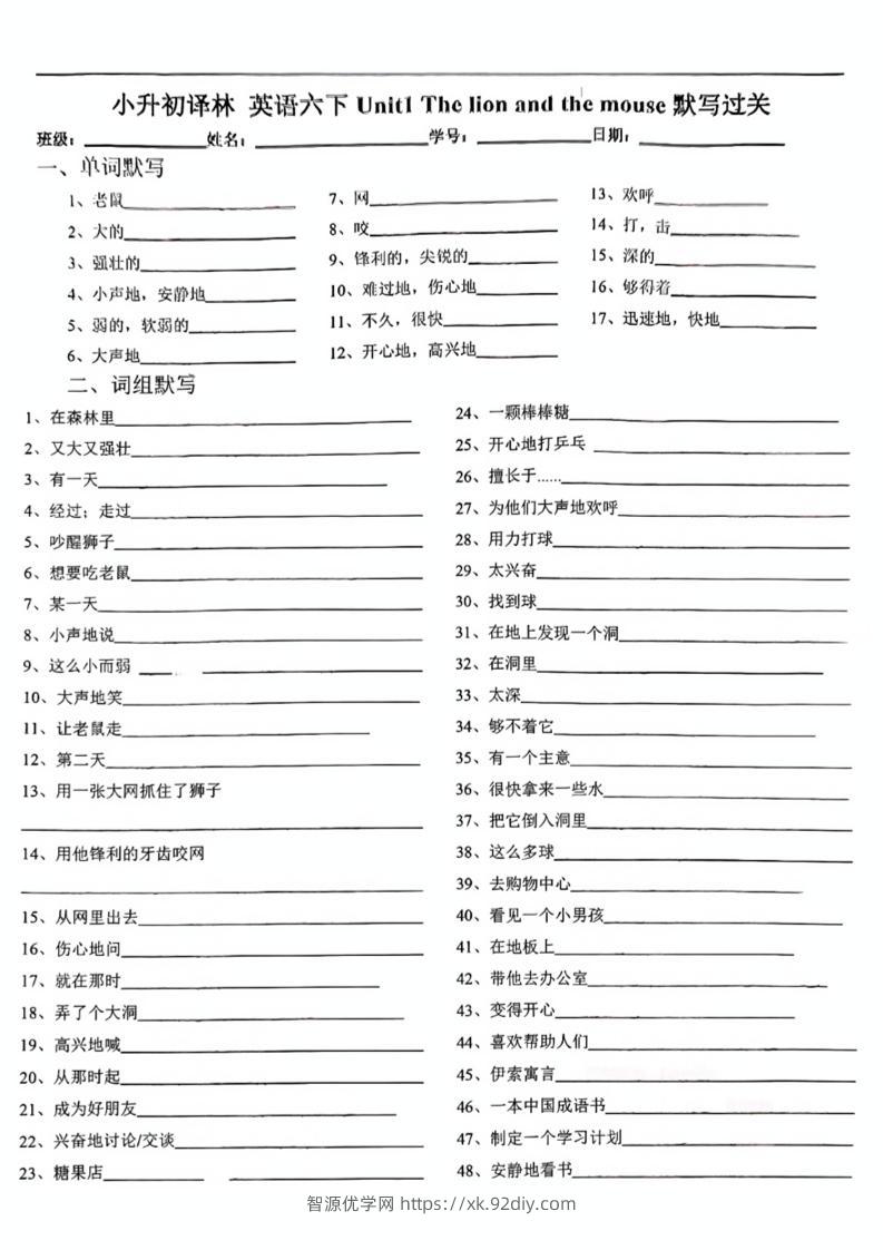 六下英语小升初《英语单元默写单》译林版-智源优学网