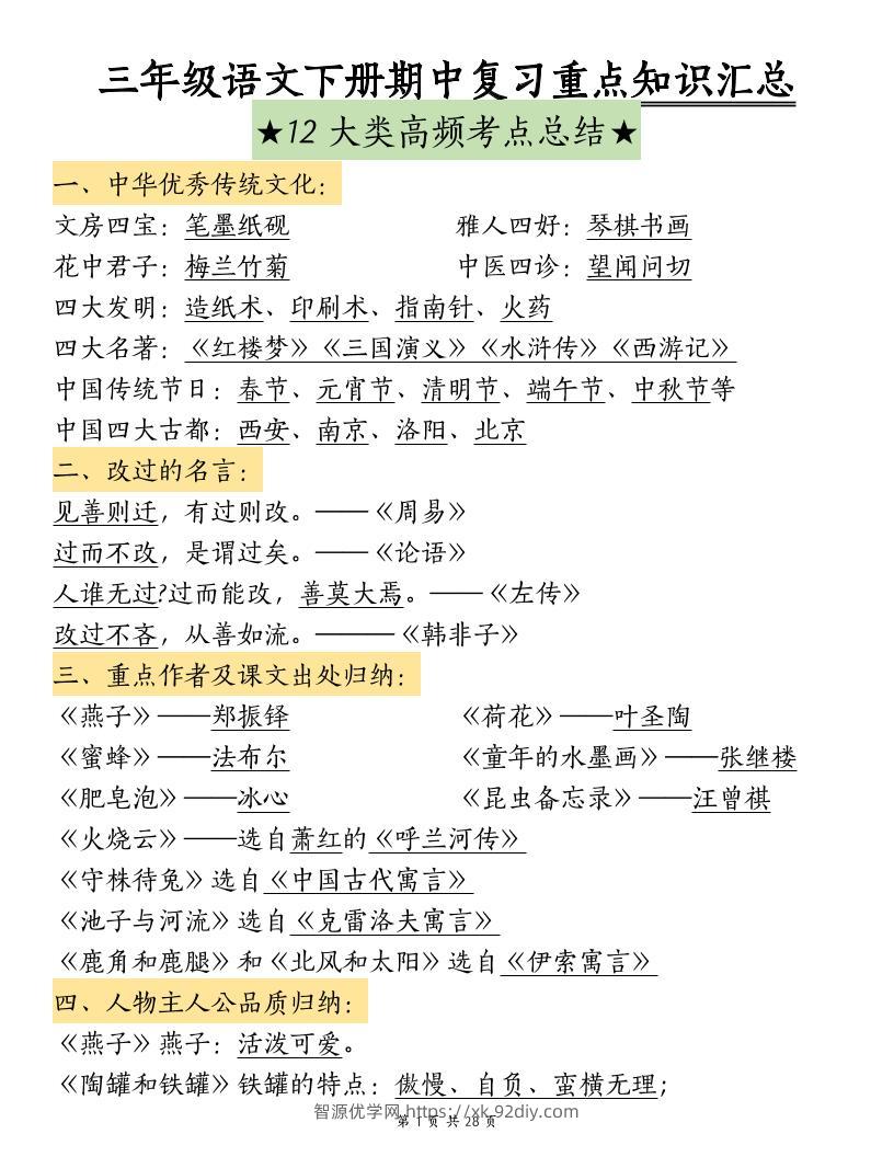 三下语文期中复习重点知识汇总-12大高频考点-智源优学网