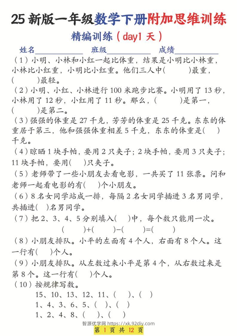25新一下数学附加思维训练（精编训练12天）含答案24页-智源优学网