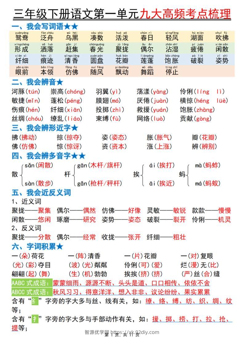 三下语文期中复习1-4单元高频考点梳理（11页）-智源优学网