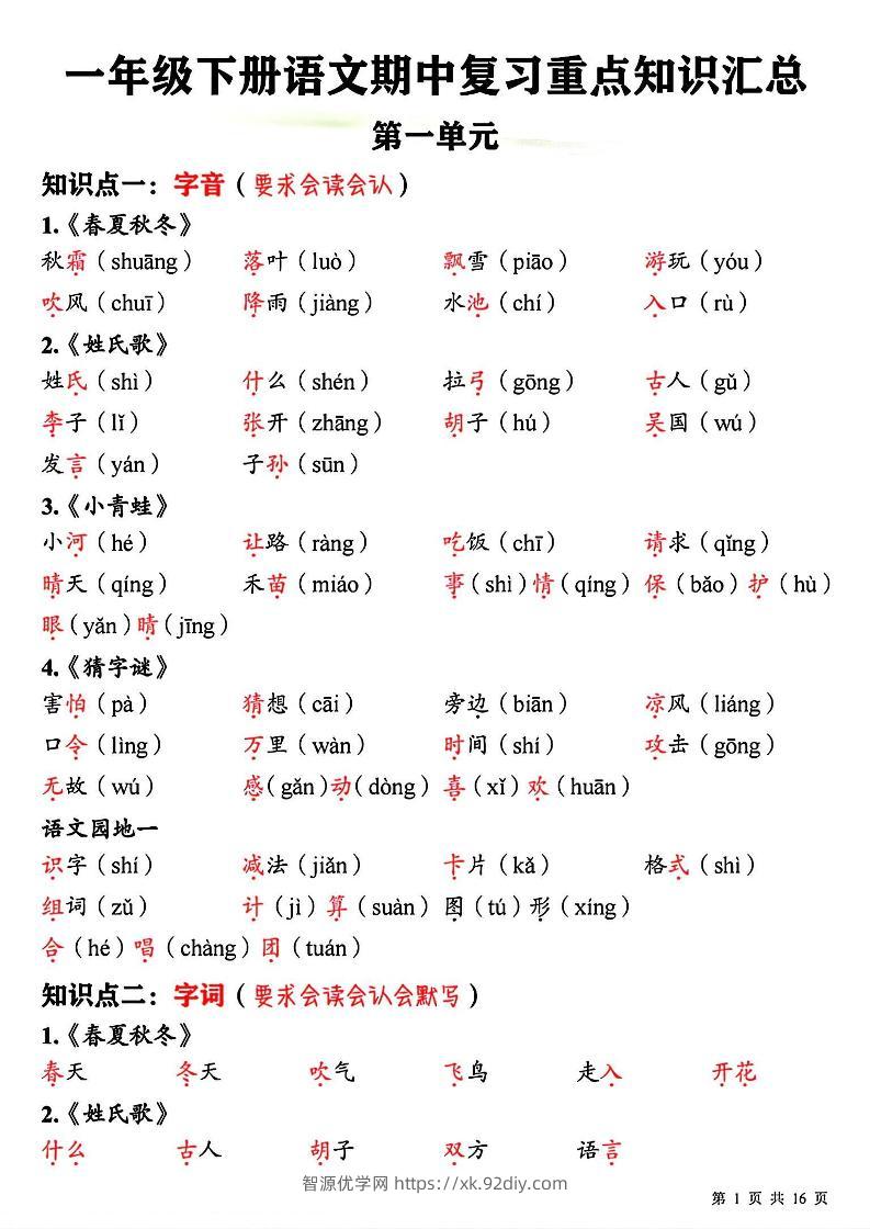 新一下语文期中复习必背重点知识点汇总16页-智源优学网