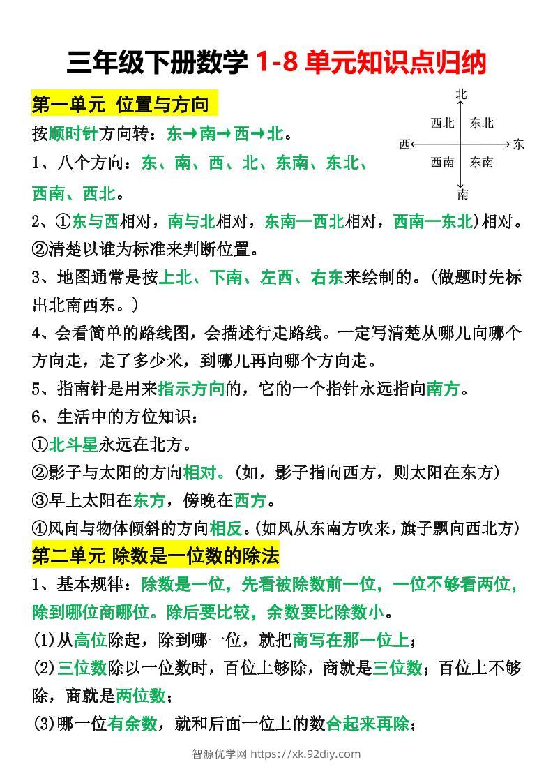 三年级下册数学1-8单元知识点归纳(改)-智源优学网