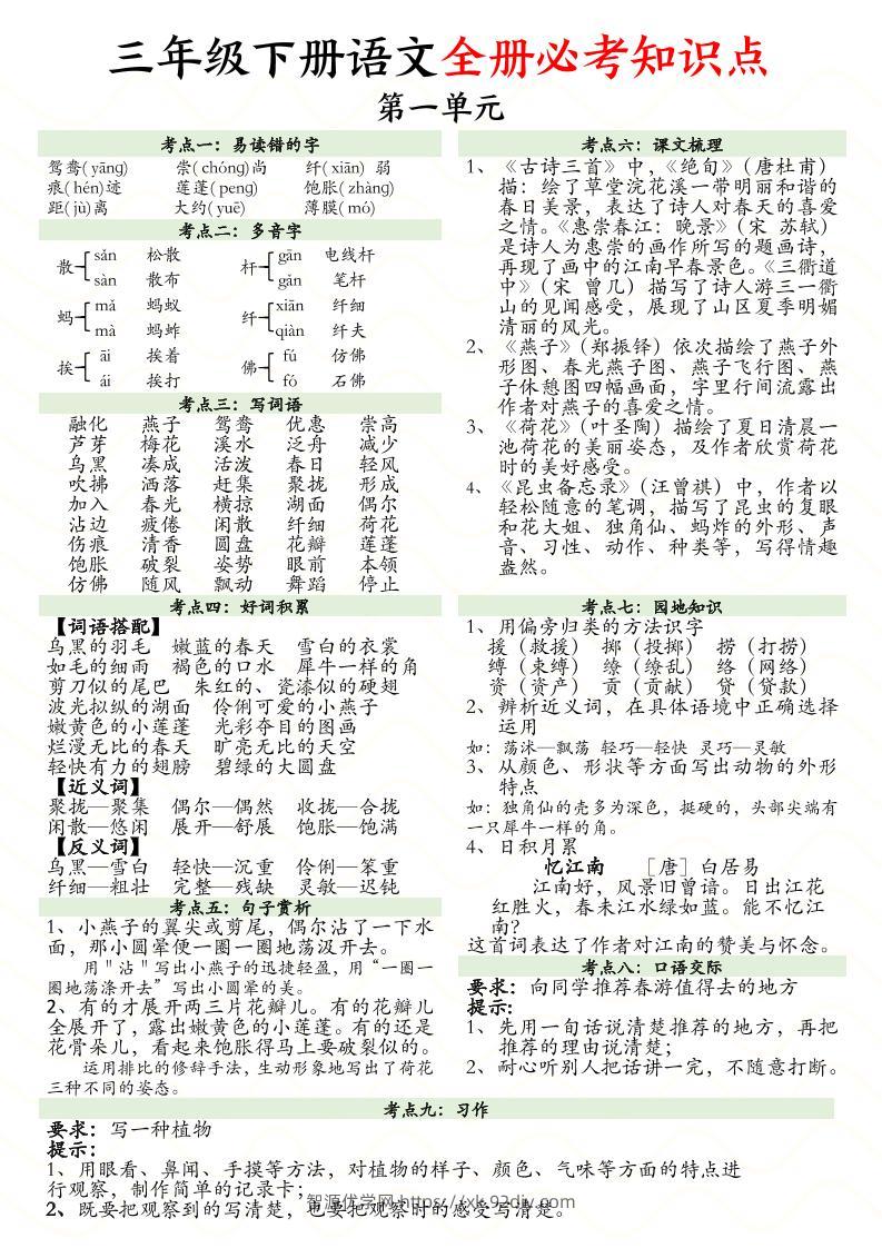 三下语文全册1-8单元必考知识点汇总（8页）-智源优学网
