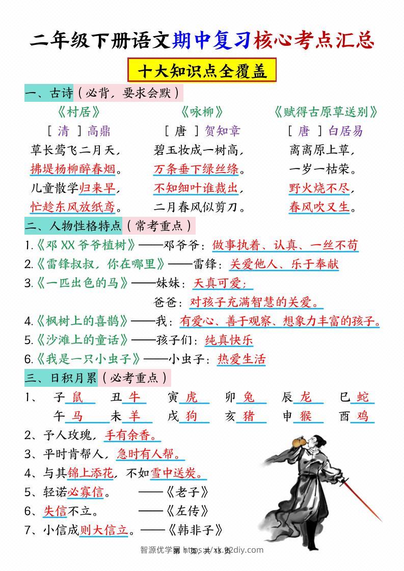 二下语文期中复习核心考点汇总（10大知识点）13页-智源优学网