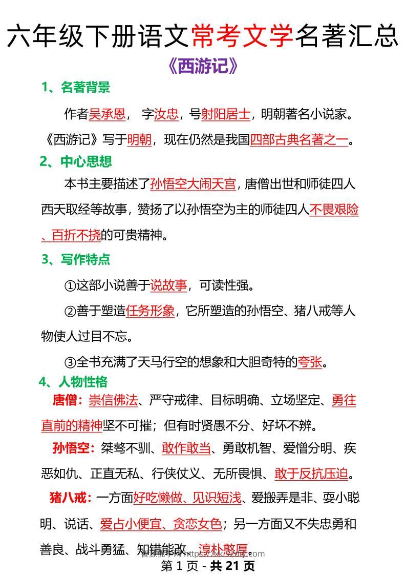 语文六年级下册常考文学名著汇总-智源优学网