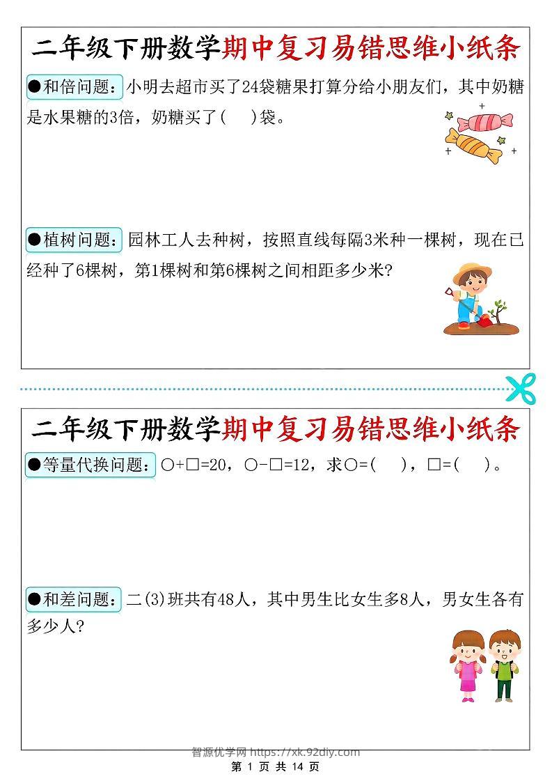 二年级下册数学期中复习易错思维小纸条-智源优学网