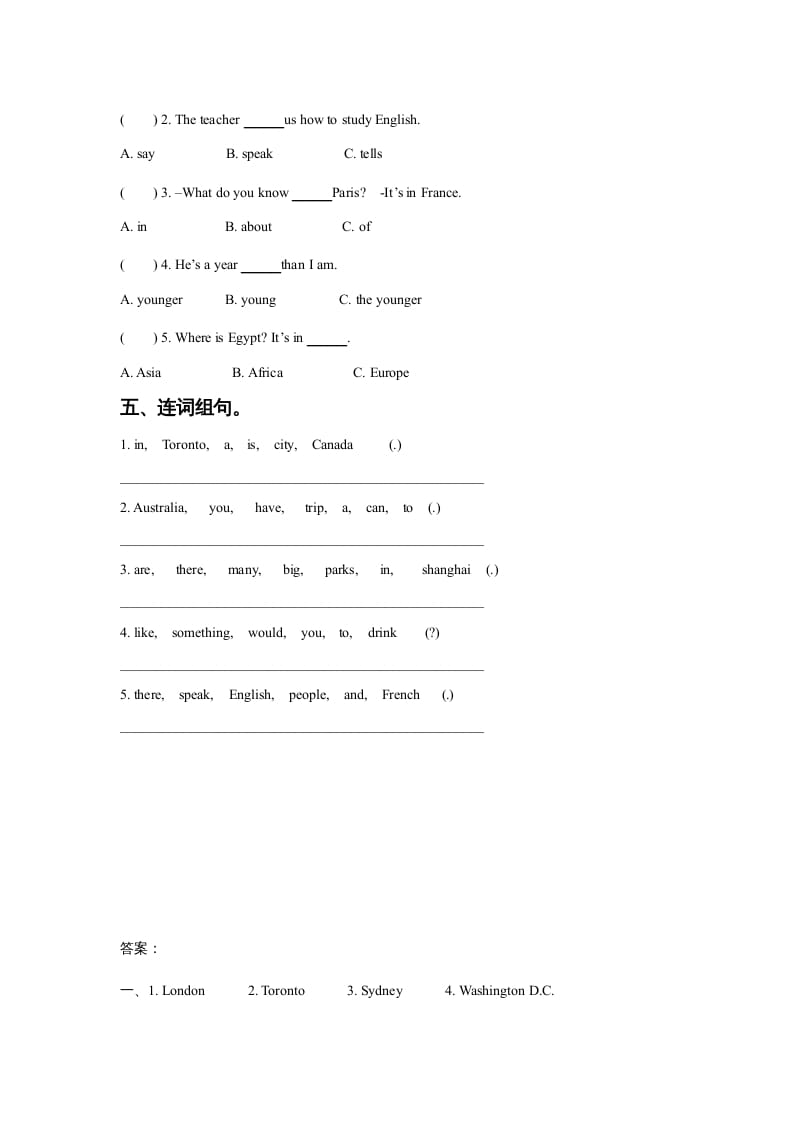 图片[2]-六年级英语上册Unit2AroundtheWorldLesson1同步练习3（人教版一起点）-智源优学网