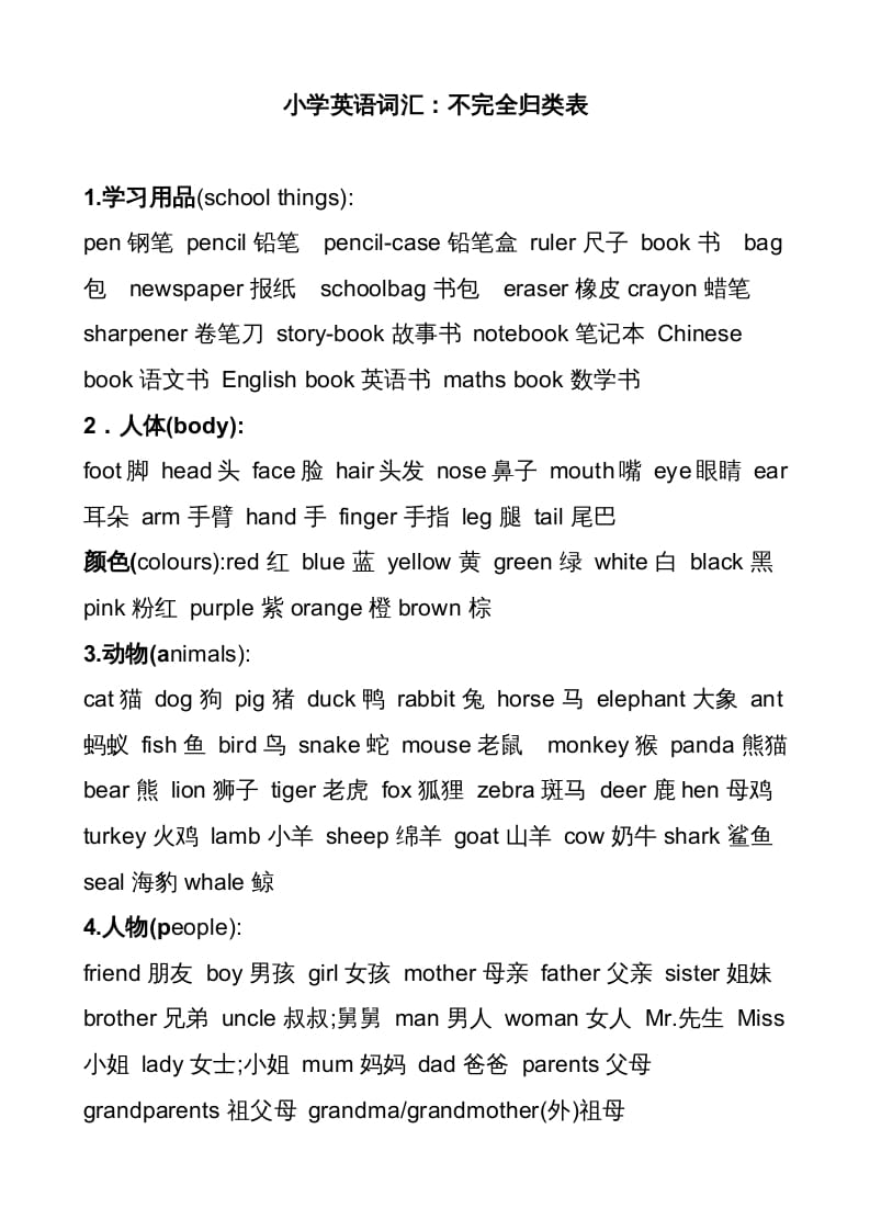 六年级英语上册不完全词汇归类表（人教版PEP）-智源优学网