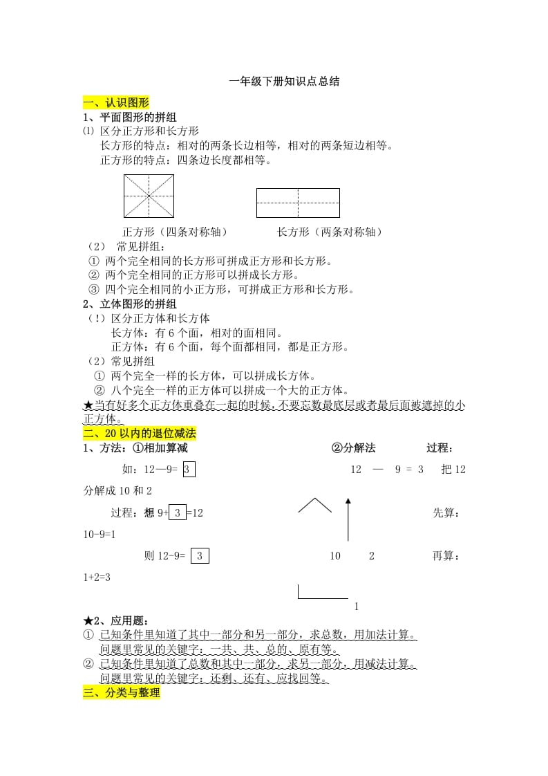 一年级数学下册知识点总结-智源优学网