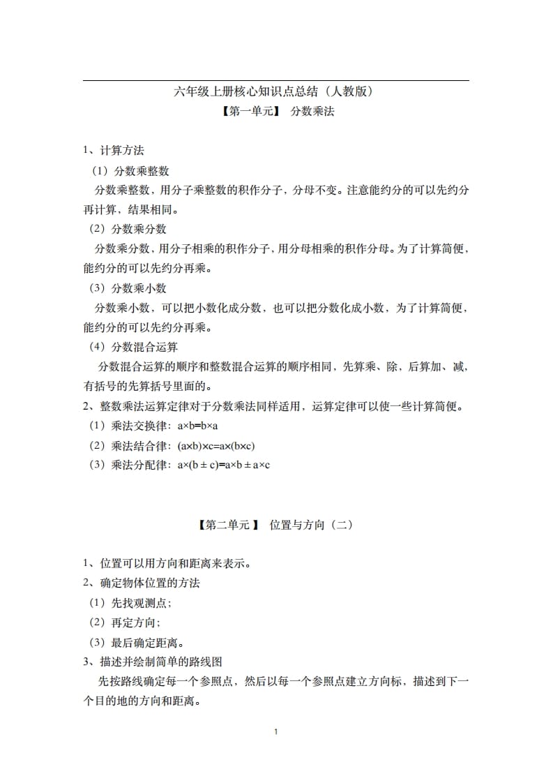 六年级数学上册素材-核心知识点总结人教新课标（人教版）-智源优学网