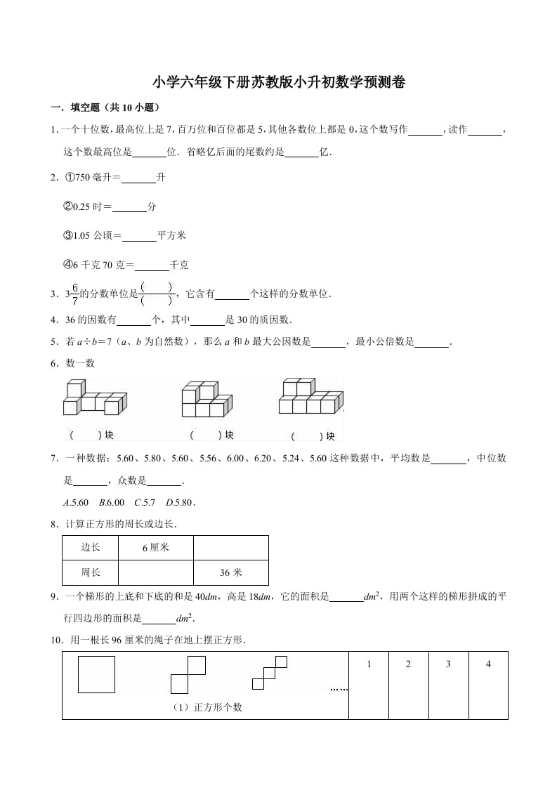 六年级数学下册小升初模拟试题（30）苏教版（含解析）-智源优学网