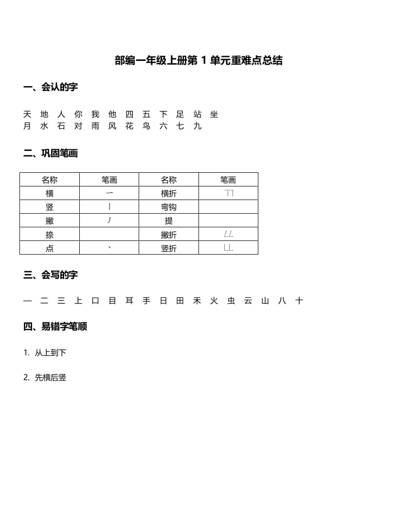 一年级语文上册-第1单元重难点知识总结（部编版）-智源优学网