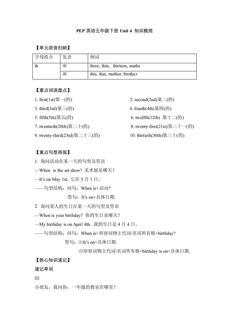 五年级数学下册英语单元知识梳理-Unit4Whenistheartshow人教PEP-智源优学网