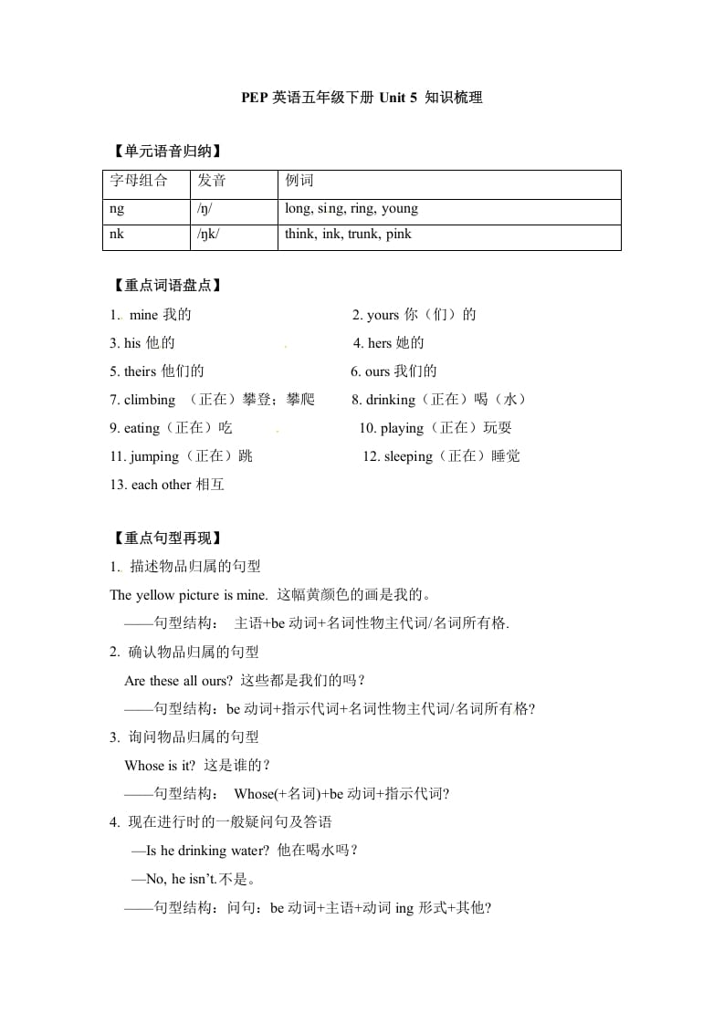 五年级数学下册英语单元知识梳理-Unit5Whosedogisit人教PEP-智源优学网