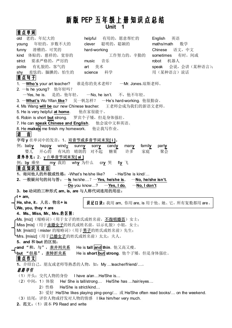 五年级英语上册PEP五年级英语知识点总结（人教版PEP）-智源优学网