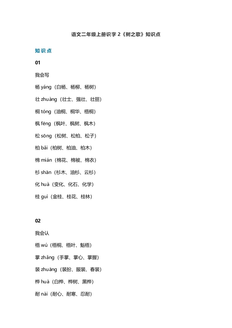 二年级语文上册5识字2《树之歌》知识点（部编）-智源优学网