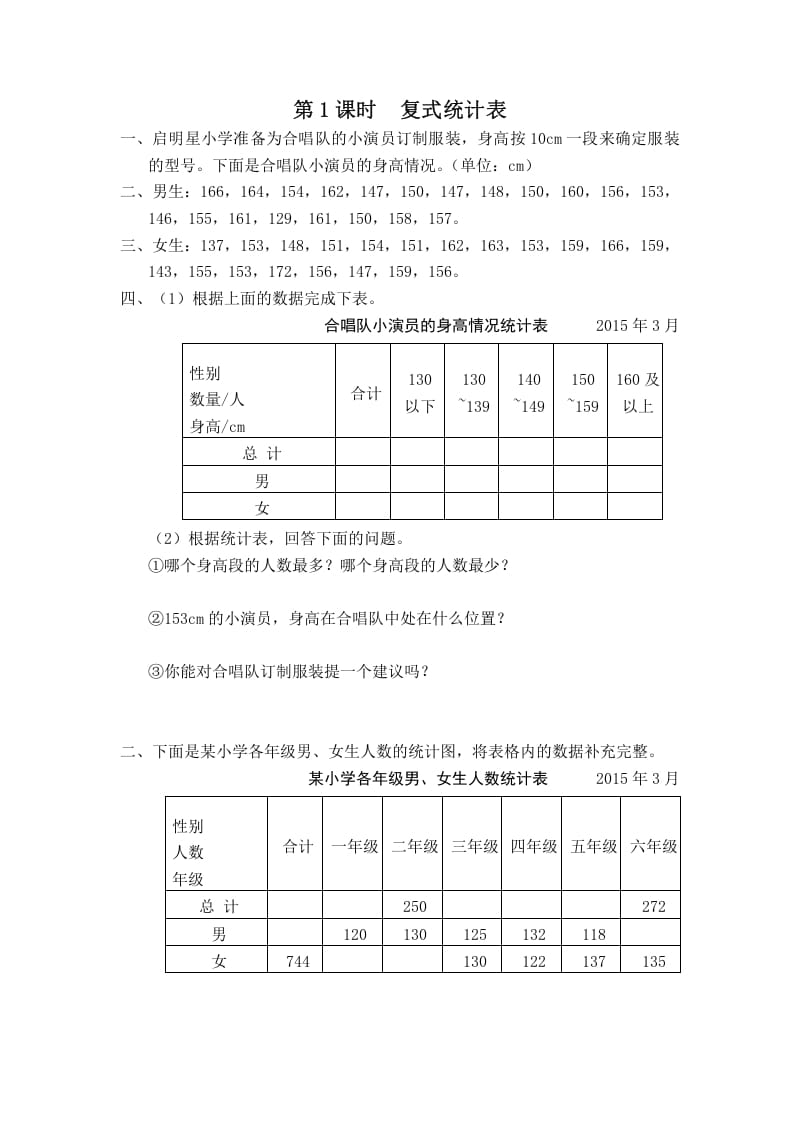 五年级数学上册第1课时复式统计表（苏教版）-智源优学网