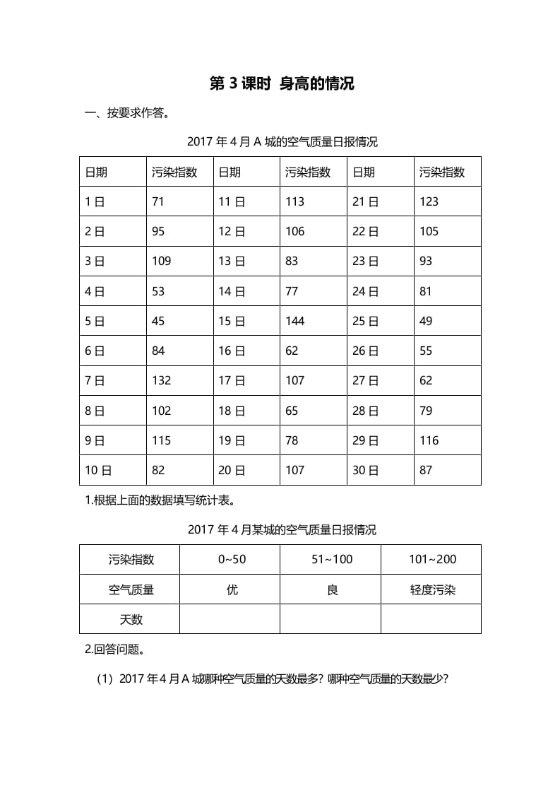 六年级数学上册第3课时身高的情况（北师大版）-智源优学网