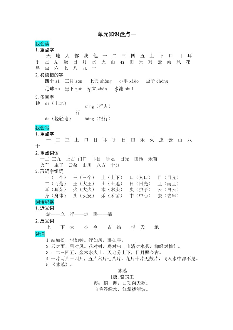 一年级语文上册第单元知识盘点（部编版）-智源优学网