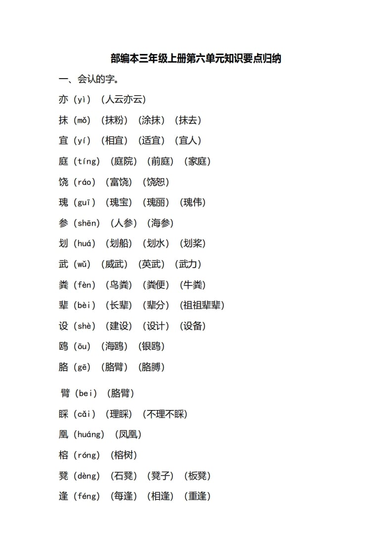 三年级语文上册第六单元知识要点汇总（部编版）-智源优学网