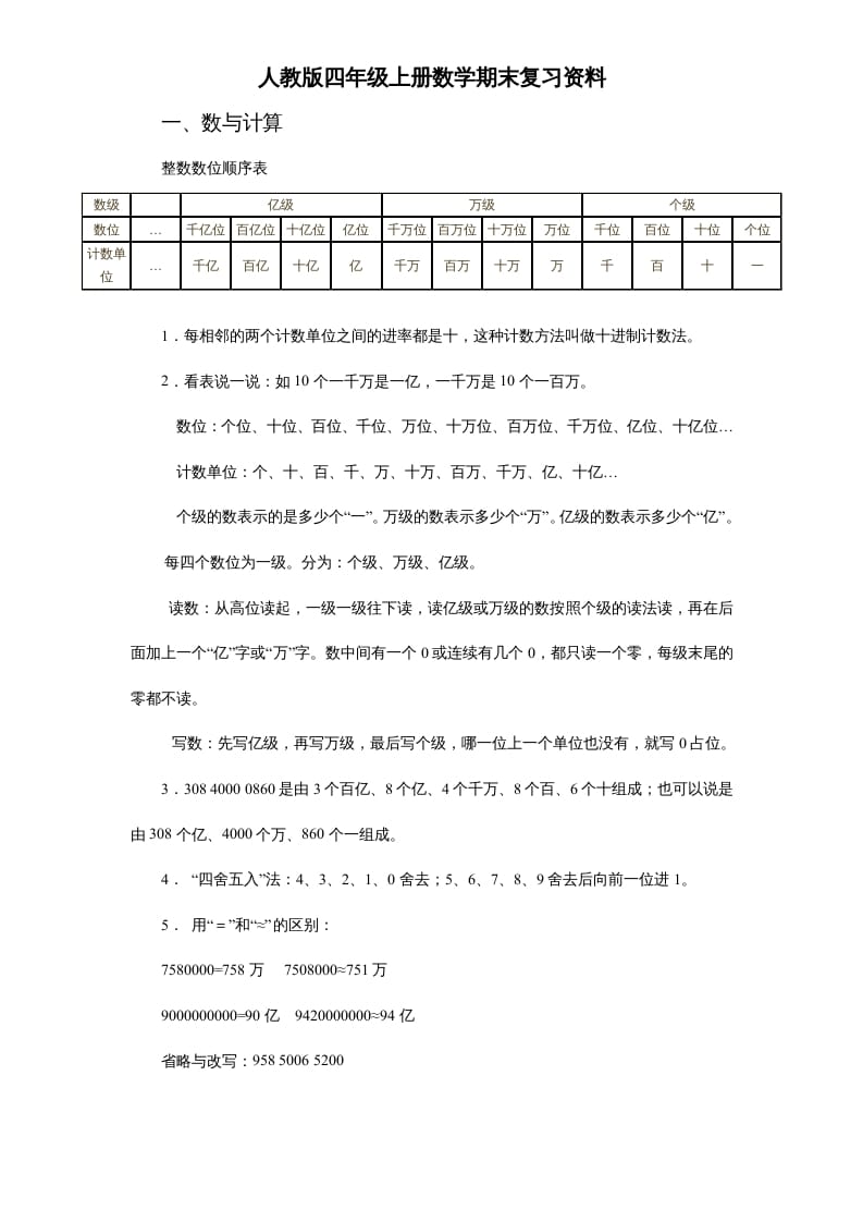 四年级数学上册人教版期末复习资料7页（人教版）-智源优学网