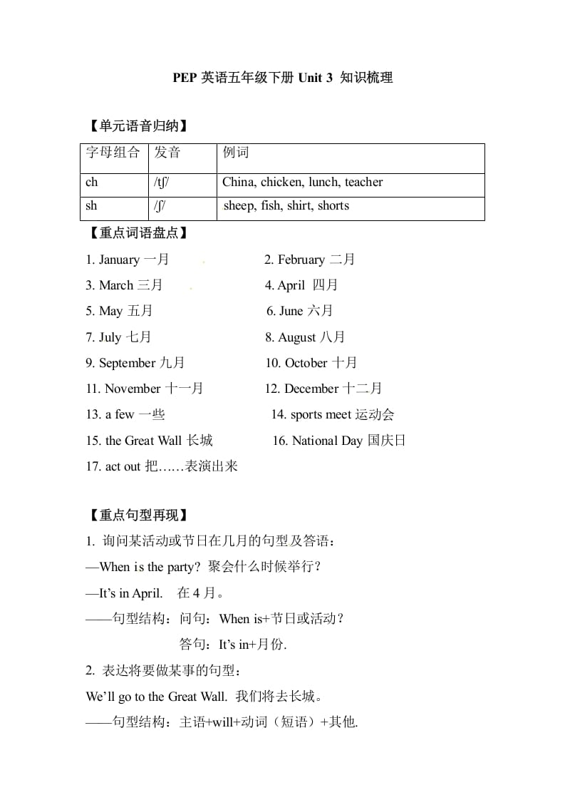 五年级数学下册英语单元知识梳理-Unit3Myschoolcalendar人教PEP-智源优学网