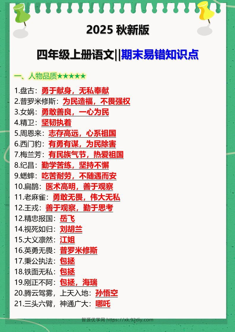 【2025秋新版】四年级上册语文‖期末易错知识点-智源优学网