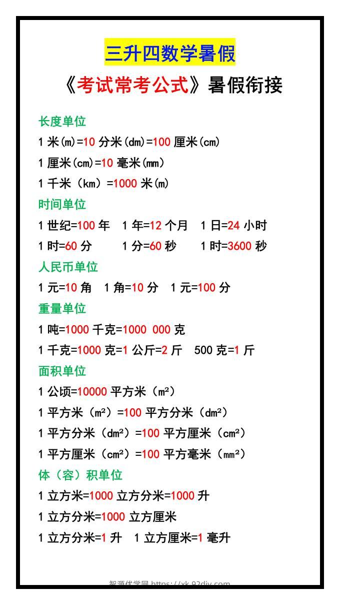 三升四数学暑假《考试常考公式》大汇总-四上数学-智源优学网