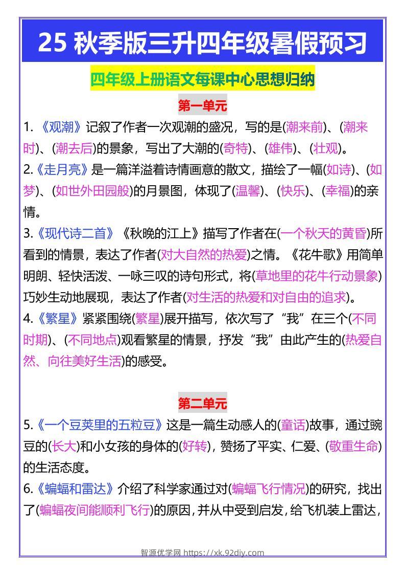 【2025秋新版】四年级上册语文每课中心思想归纳-智源优学网