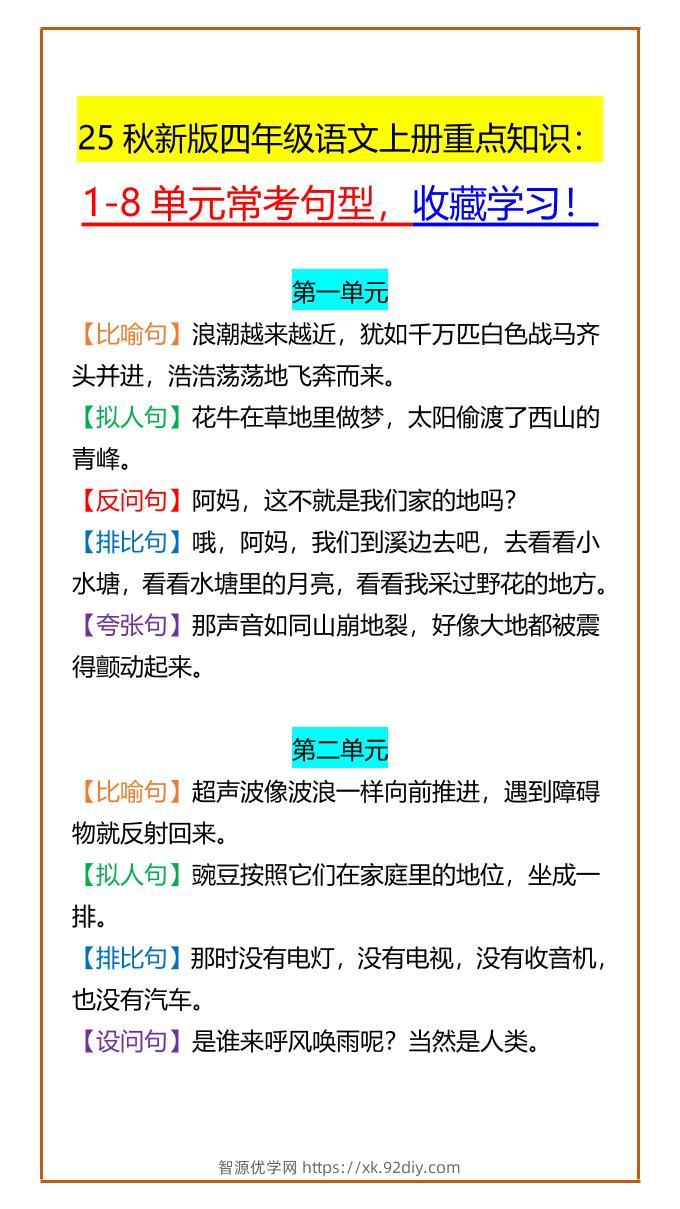【2025秋新版】四年级语文上册重点知识：1-8单元常考句型，收藏学习！-智源优学网
