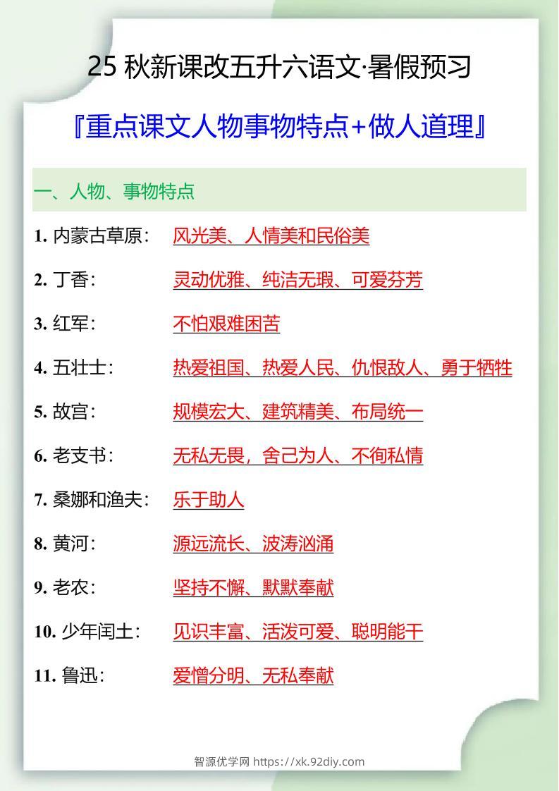 【2025秋新版】五升六重点课文人物事物特点+做人道理-六上语文-智源优学网