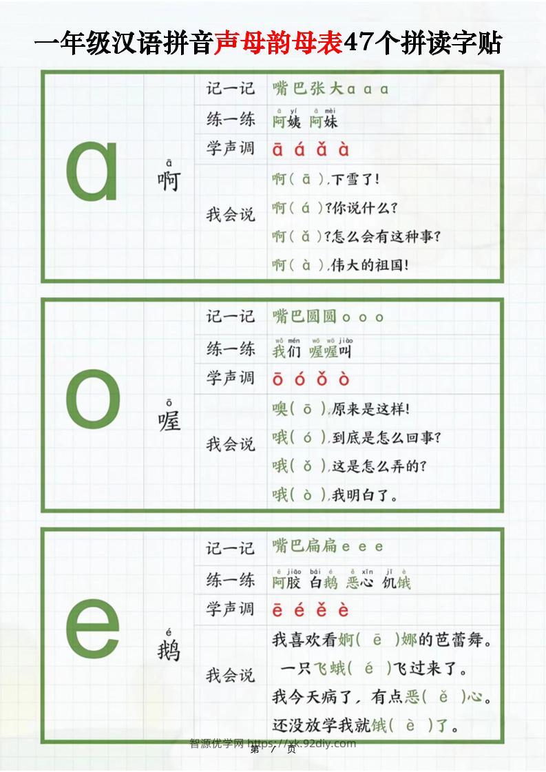 一年级汉语拼音声母韵母表47个拼读字贴（16页）-一上语文-智源优学网